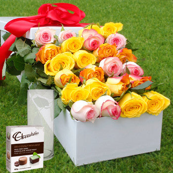 12 Mixed Roses, Chocolates with Vase