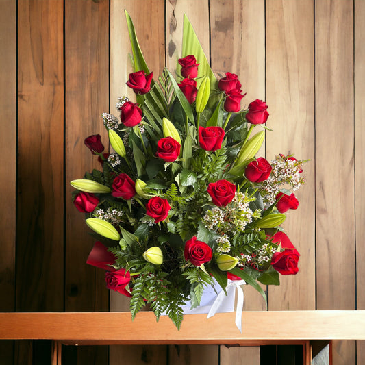 20 Long Stem Roses and White Lilies