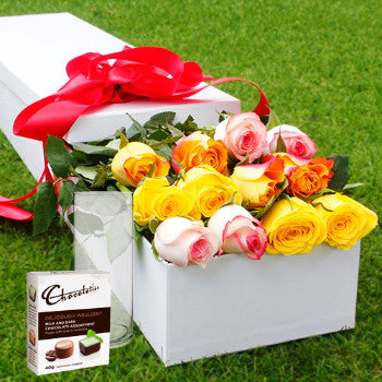 12 Mixed Roses, Chocolates with Vase