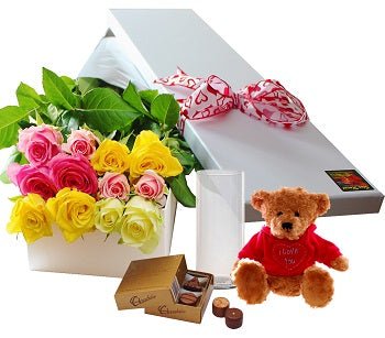 12 Mixed Roses, Chocolates and Teddy with Vase