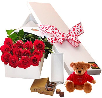 12 Red Roses,Chocolates, Vase and Teddy