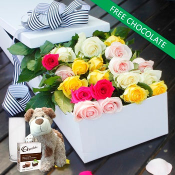 20 Mixed Roses, Chocolates and Teddy with Vase