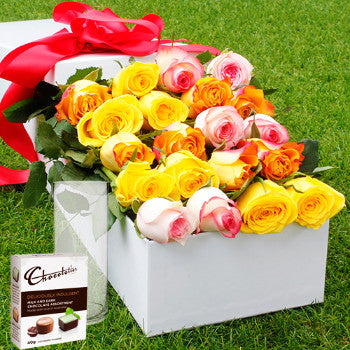 12 Mixed Roses, Chocolates with Vase