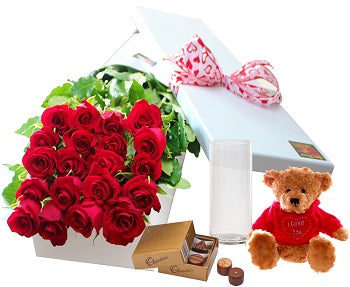 20 Red Roses,Chocolates and Teddy with Vase