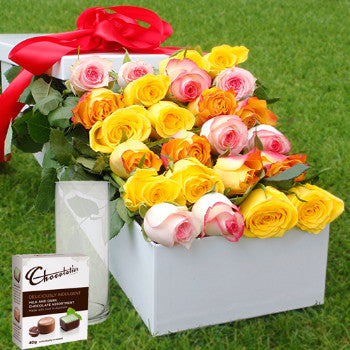 12 Mixed Roses, Chocolates with Vase