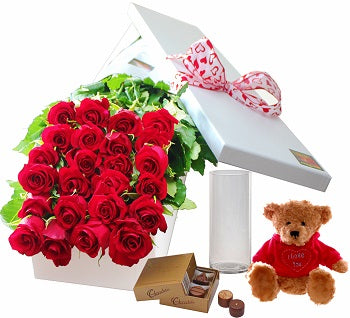 24 Red Roses, Chocolates and Teddy with Vase