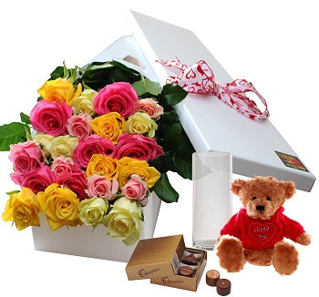 24 Mixed Roses,Chocolates and Teddy with Vase