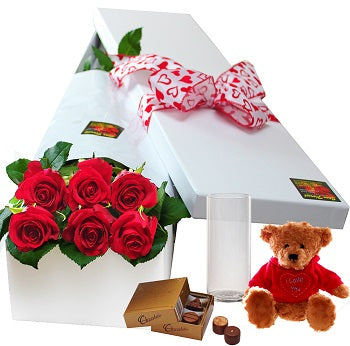 6 Red Roses, Chocolates and Teddy with Vase