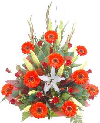 Red Roses and Gerberas with White Orientals