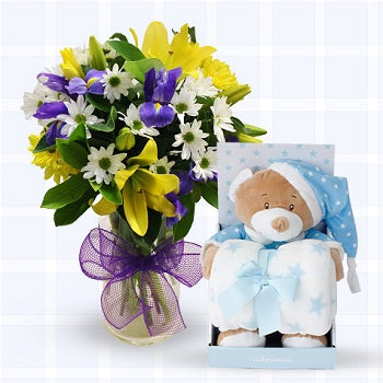 Baby Boy Flowers, Teddy & Blanket Gift Set