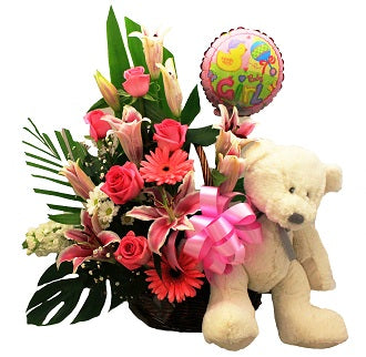 Baby Girl Flower, Bear and Balloon Basket