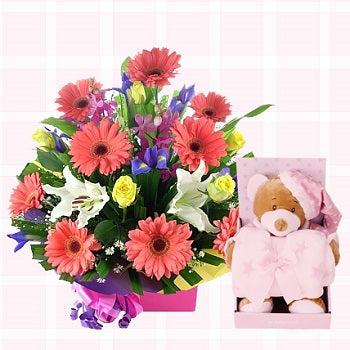 Baby Girl Flowers, Teddy & Blanket Gift Set