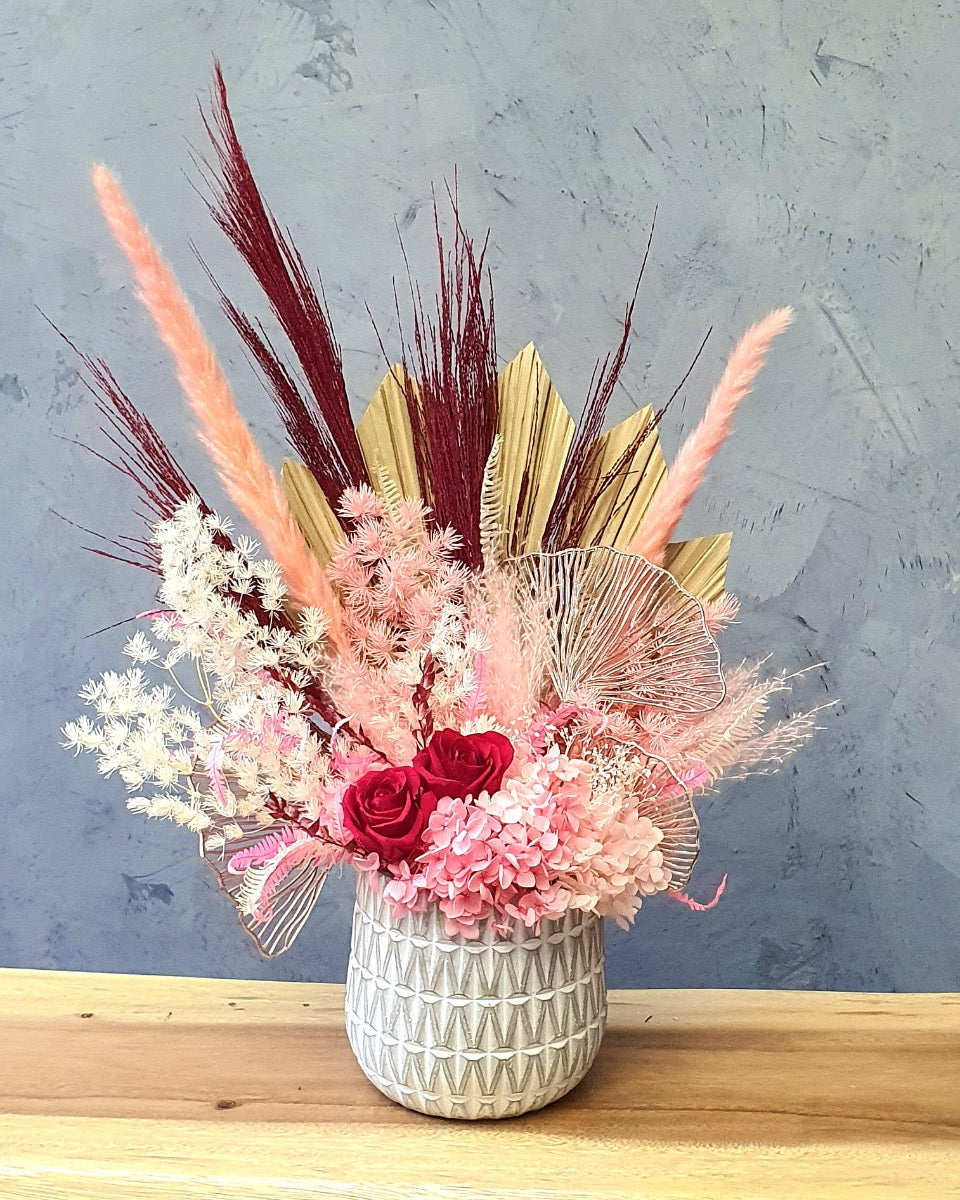 Pink and Burgundy Preserved Floral Arrangement