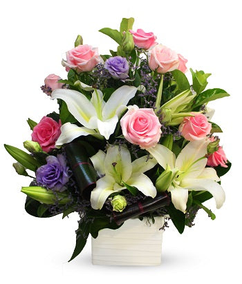 Pink Roses and Oriental Lilies in Pot